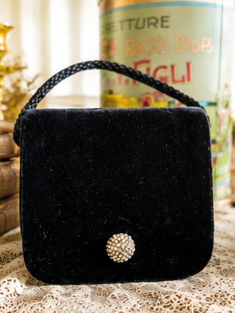Black Velvet Small Evening Bag with Rhinestone Detail - Picture 3 of 4